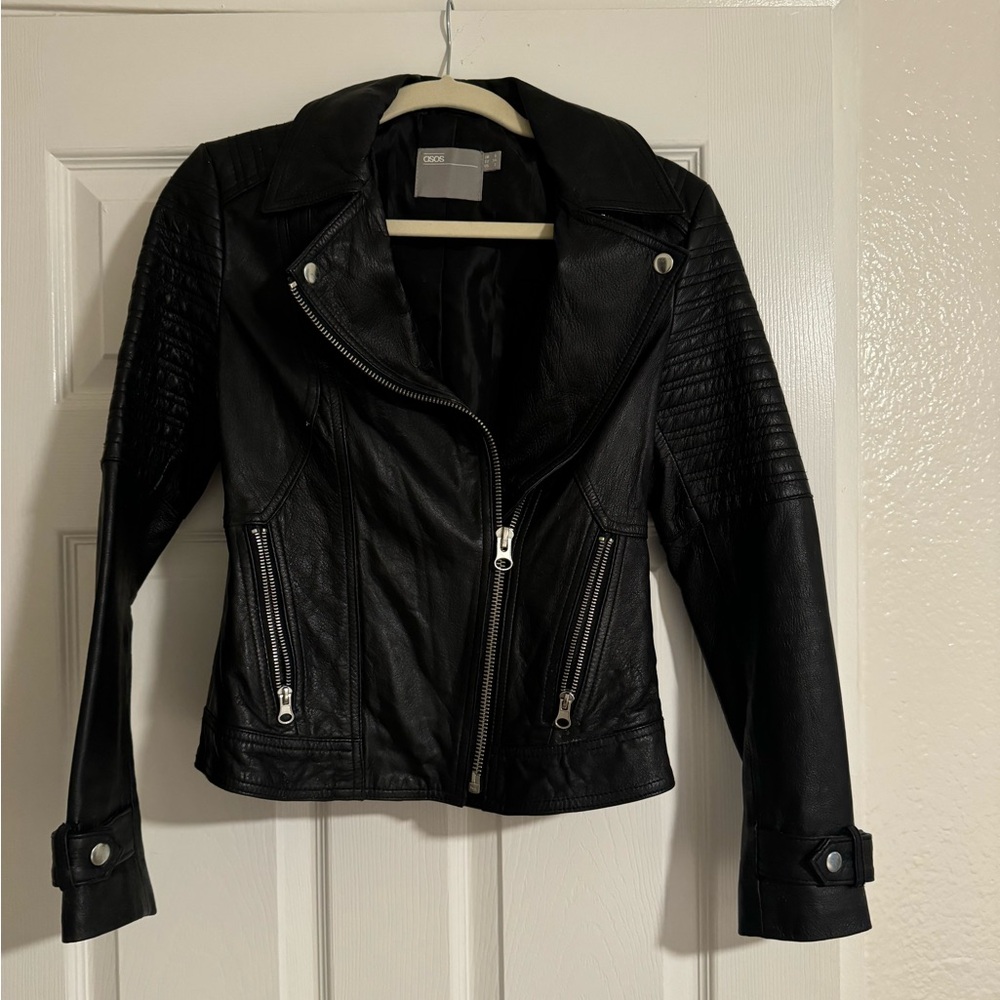 ASOS Design Genuine Leather Motorcycle Jacket in Black